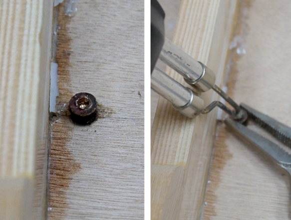 Left: Screw stripped and stuck in epoxy    Right: Applying heat with soldering gun